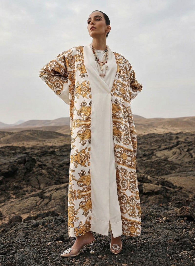 ISHIN Off White  Baroque print layered Abaya with Hijab - Image 3